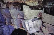 Old ship-shape cofins at cave graves. Tana Toraja rea. Sulawesi, Indonesia.