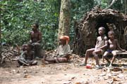 Pygmy village down to the Lobe River. The Pygmy people are forest dwellers, know the forest, its plants and its animals. They live by hunting animals such as antelopes, pigs and monkeys, fishing, and gathering honey, wild yams, berries and other plants. Cameroon.