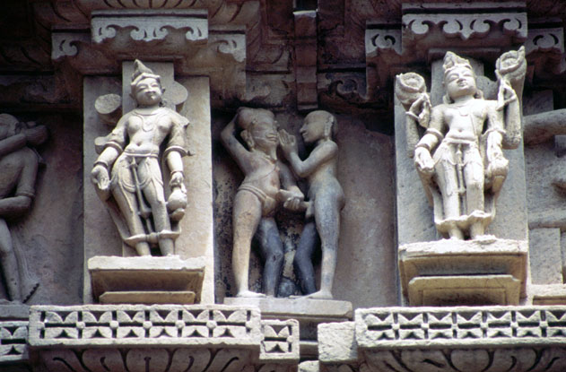 Erotic decoration of Khajuraho temples. India.