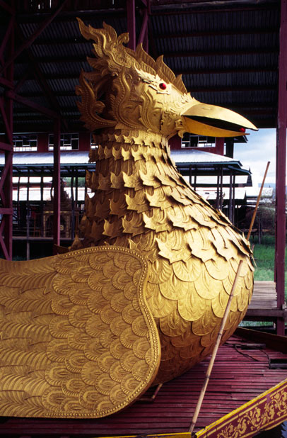 Boat at temple Phaung Daw U Paya. Inle lake area. Myanmar (Burma).