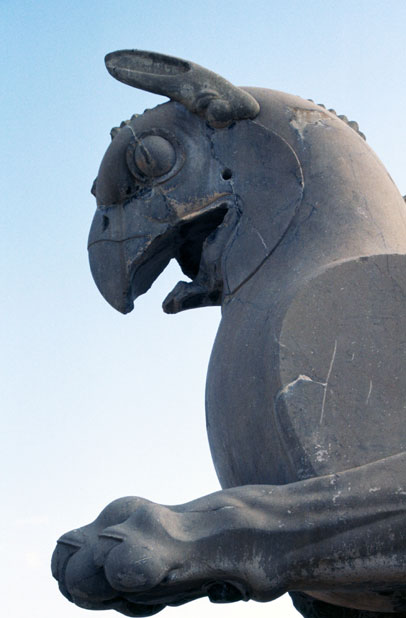 Griffin-headed beasts that stand guard over the Persepolis ruins. Iran.