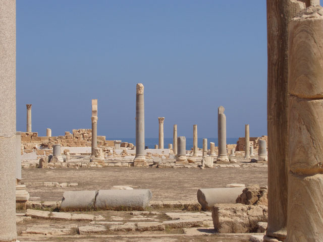 Archaeological Site of Sabratha, Phoenician trading-post was part of the Numidian Kingdom of Massinissa before being Romanized and rebuilt in the 2nd and 3rd centuries A.D. Libya.