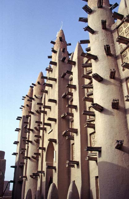 Muddy mosque built at sahel architecture style. Small village near Mopti. Mali.