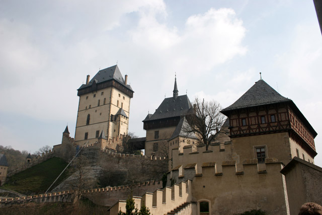 Karlstejn Castle. Gothic castle founded in 1348 by Charles IV. The castle served as a place for safekeeping of royal treasures, the Empire coronation jewels and holy relics. Czech Republic.